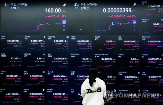 지난 6월 서울 강남구 업비트 라운지의 전광판에 가상화폐 거래 상황이 표시돼 있다. <연합뉴스>